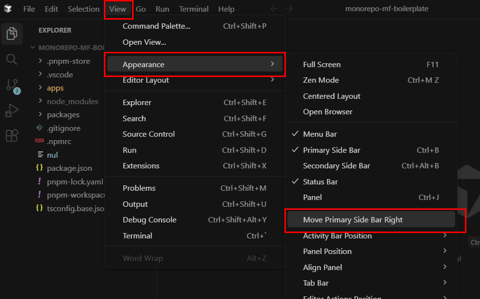 Cursor 메뉴설정관련