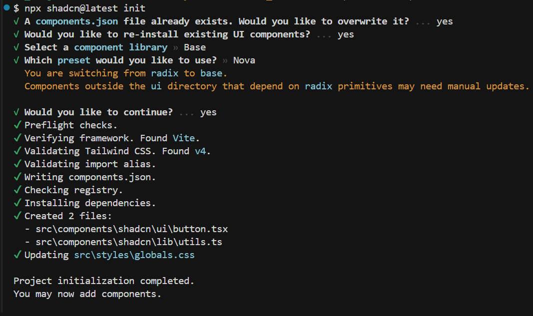shadcn 설치 예시